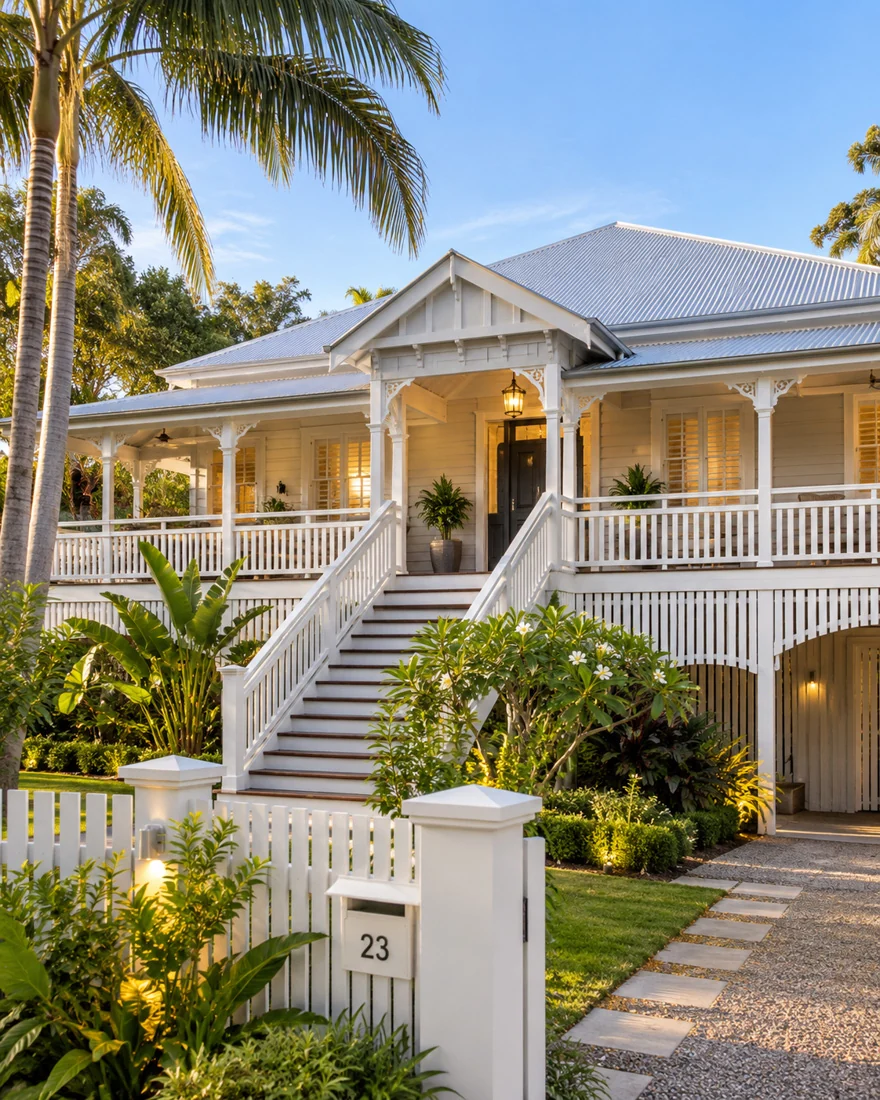 Illustration of a character home with a silver hipped metal roof, decorative verandah and garden path.