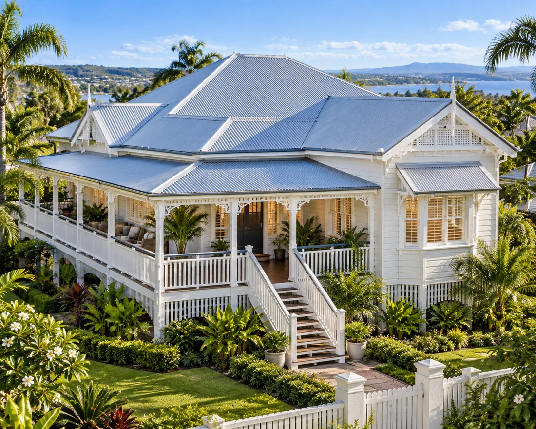Illustration of a white Queenslander with a silver metal roof and wraparound verandah, viewed from above.