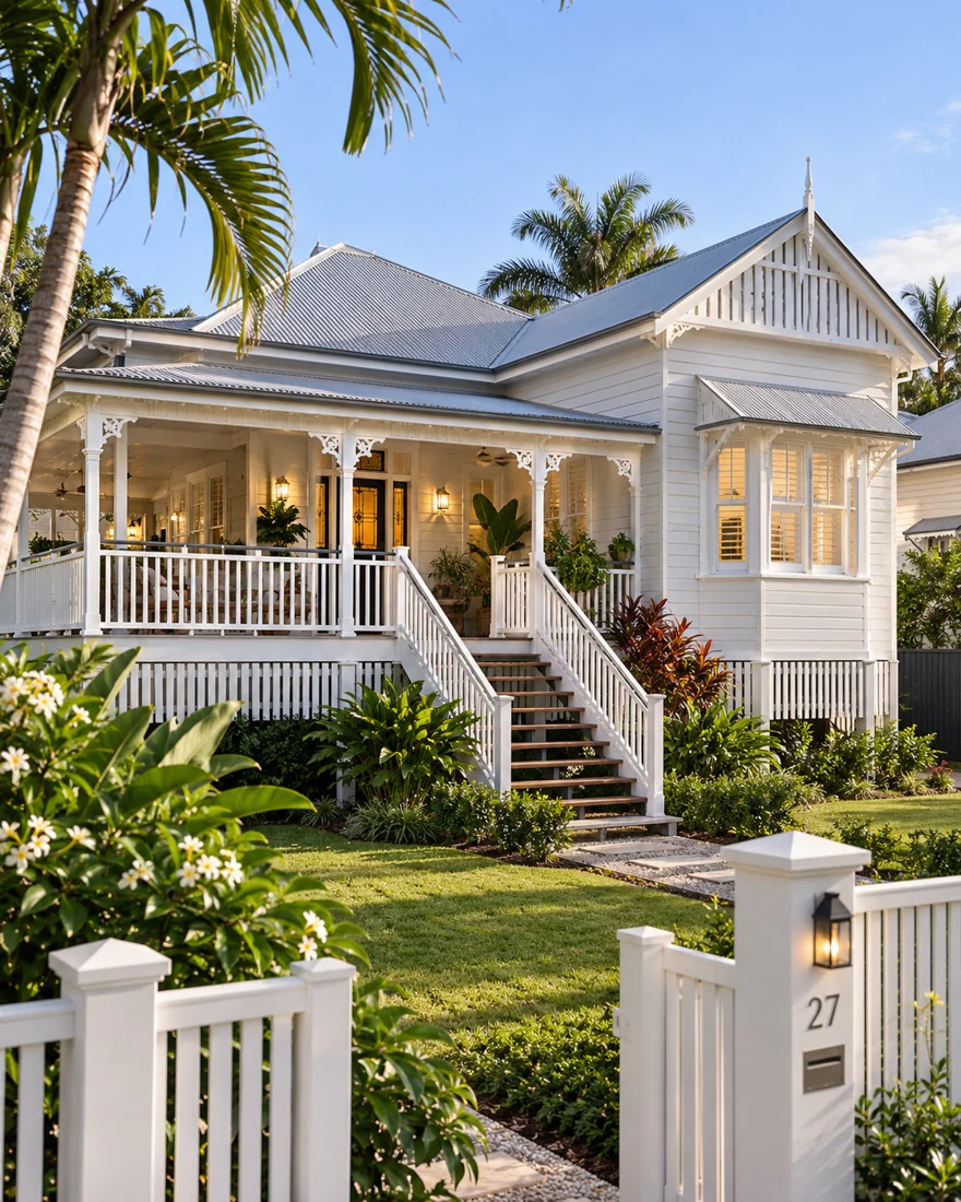 Illustration of a white Queenslander with a gabled metal roof, timber verandah and garden.