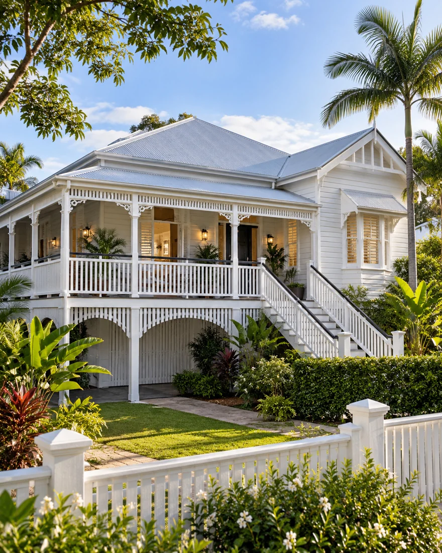 Illustration of an elevated Queenslander with a metal roof, wraparound verandah and front stairs.