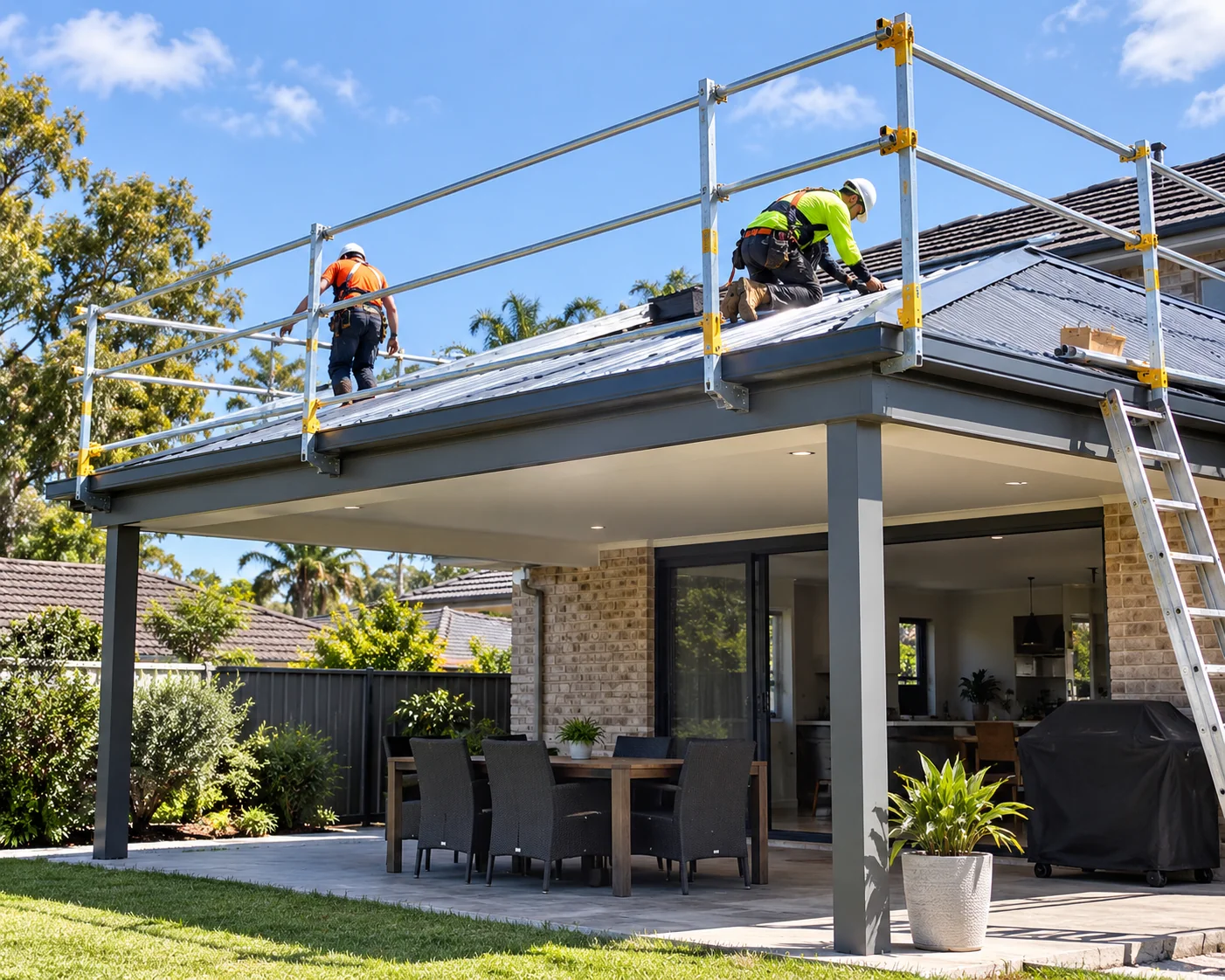 Illustration of two roofers working on a metal verandah roof above a covered outdoor dining area.