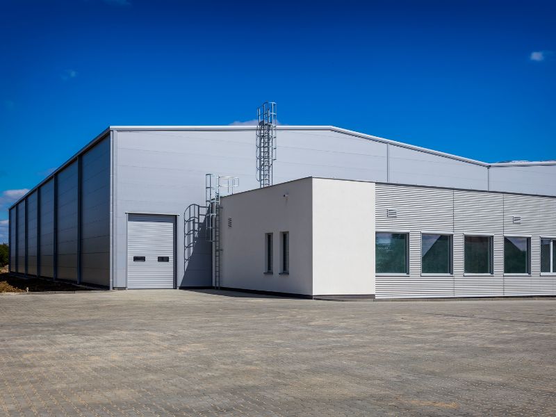 Completed commercial building with metal roofing and wall cladding